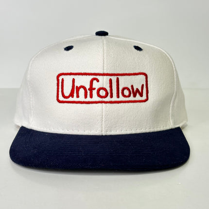 Unfollow on a white and navy Strapback hat cap Custom Embroidery