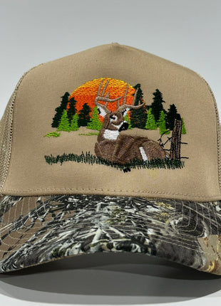 Deer Scenery Khaki Mesh CAMO Camouflage Brim SnapBack Trucker Hat Deer Hunting Cap Custom Embroidered