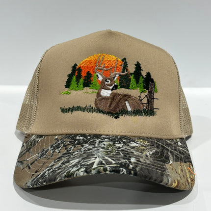 Deer Scenery Khaki Mesh CAMO Camouflage Brim SnapBack Trucker Hat Deer Hunting Cap Custom Embroidered