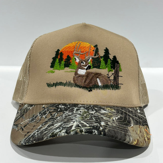 Deer Scenery Khaki Mesh CAMO Camouflage Brim SnapBack Trucker Hat Deer Hunting Cap Custom Embroidered