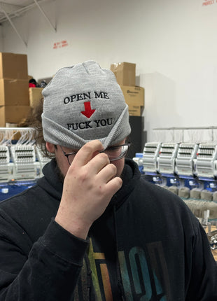 Funny Gray Open Me Beanie Custom Embroidery
