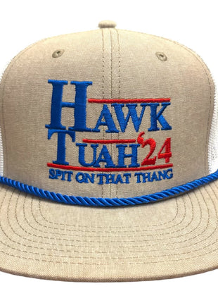 Hawk Tuah 24 spit on that thang Embroidered on a tan and white mesh SnapBack hat cap with blue rope custom embroidery ￼