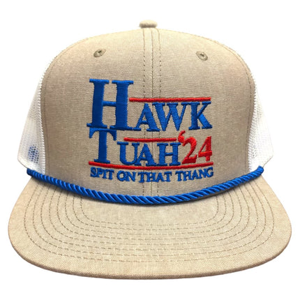 Hawk Tuah 24 spit on that thang Embroidered on a tan and white mesh SnapBack hat cap with blue rope custom embroidery ￼