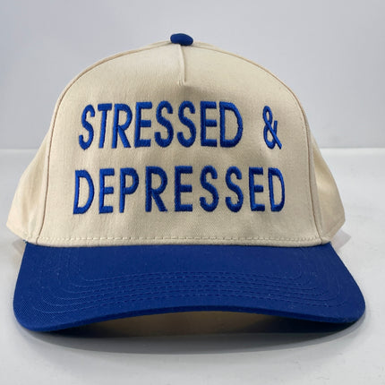 Stressed and depressed, custom embroidered snapback, blue/cream ￼ hat, cap ￼
