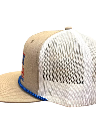 Hawk Tuah 24 spit on that thang Embroidered on a tan and white mesh SnapBack hat cap with blue rope custom embroidery ￼