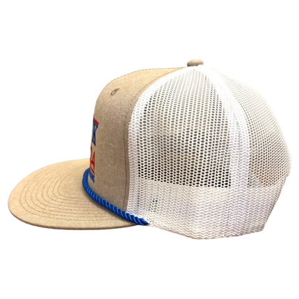 Hawk Tuah 24 spit on that thang Embroidered on a tan and white mesh SnapBack hat cap with blue rope custom embroidery ￼