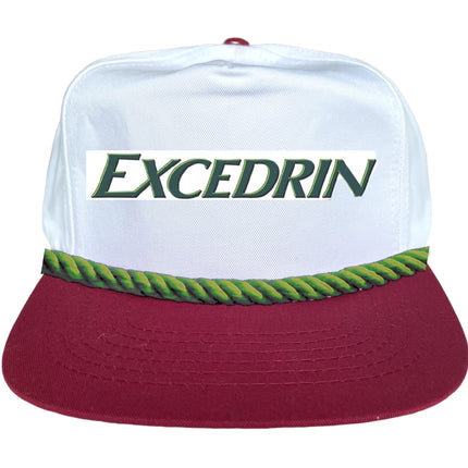 Custom order. Excedrin on a white and maroon Snapback hat cap with green rope custom embroidery