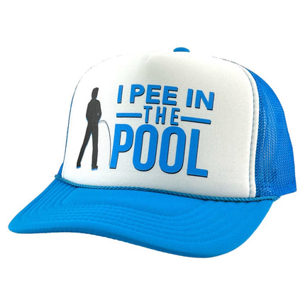 I pee in the pool custom print on a blue mesh trucker SnapBack hat cap Collab Justin stagner