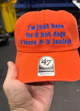 I’m Just Here for 9 Hot Dogs 9 Beers & 9 Innings Hat Funny Baseball Dad Cap
