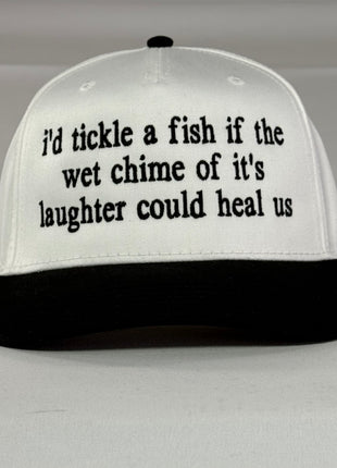 I’d tickle a fish embroidered on a white and black snapback hat