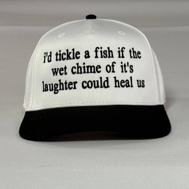 I’d tickle a fish embroidered on a white and black snapback hat