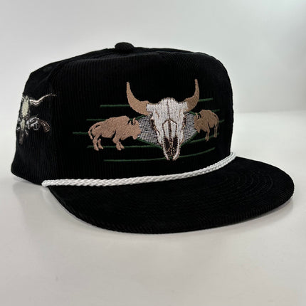 ￼ Buffalo & Cow Skull Rope black corduroy SNAPBACK Cap HAT Custom Embroidered