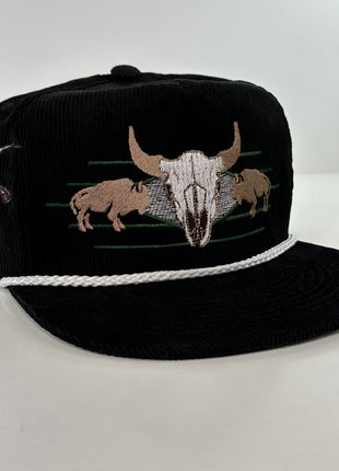 ￼ Buffalo & Cow Skull Rope black corduroy SNAPBACK Cap HAT Custom Embroidered