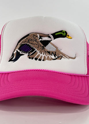 Mallard Duck Hat Pink Mesh Trucker SnapBack Cap Drake Mallard Custom Embroidery