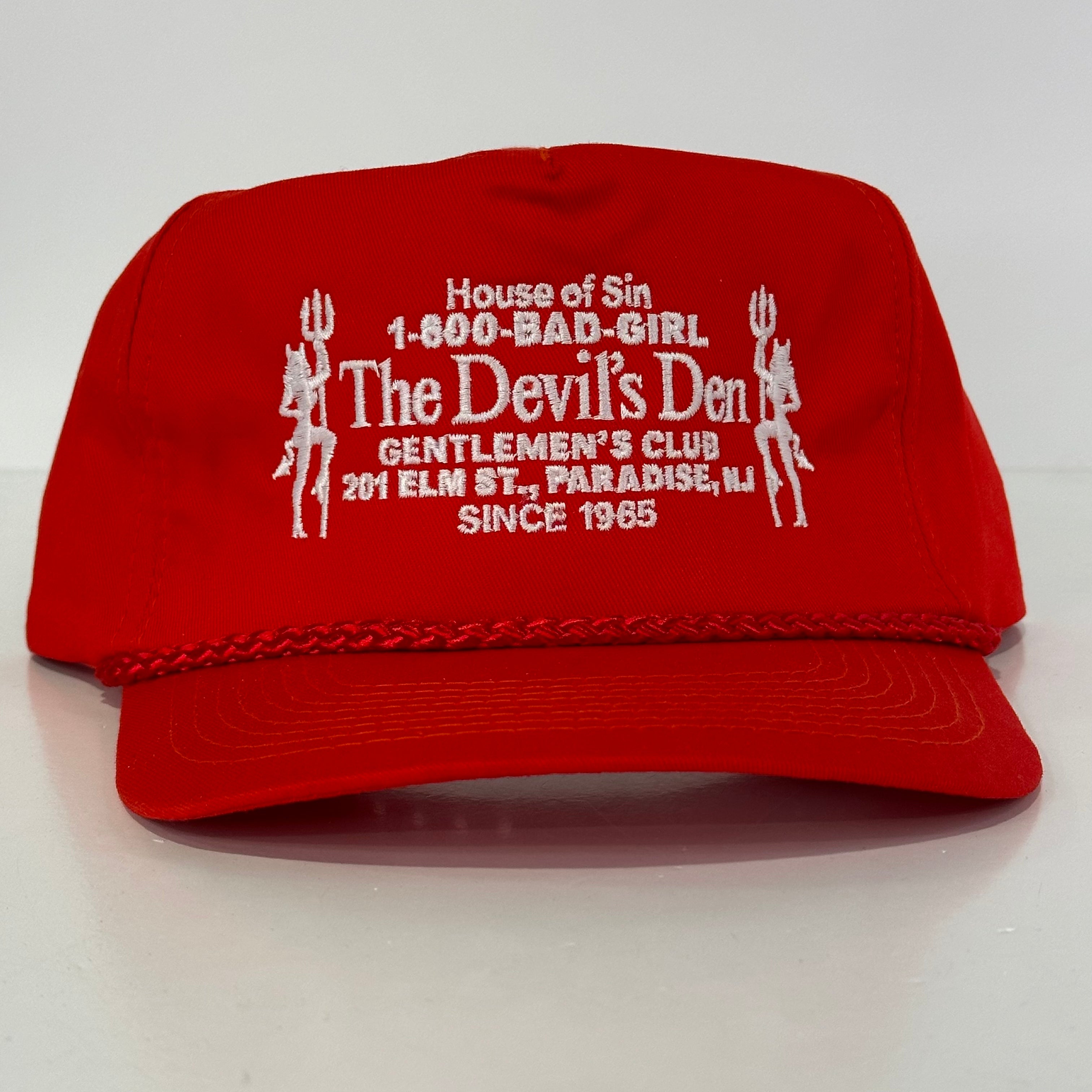 The Devils Den Gentlemen's Club on a black mesh trucker SnapBack