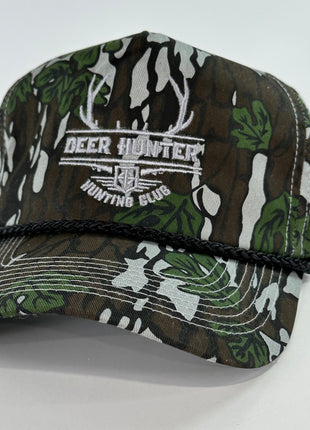 DEER HUNTER HUNTING CLUB HAT On a Vintage 90s CAMO Rope SnapBack Cap ￼Custom Embroidery