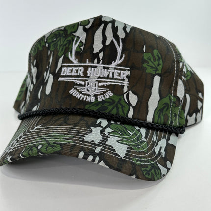 DEER HUNTER HUNTING CLUB HAT On a Vintage 90s CAMO Rope SnapBack Cap ￼Custom Embroidery