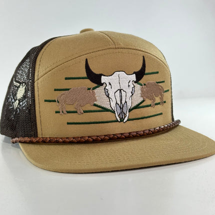 Buffalo & Cow Skull 7 Panel Leather Rope SNAPBACK Mesh Trucker Cap HAT Custom Embroidered