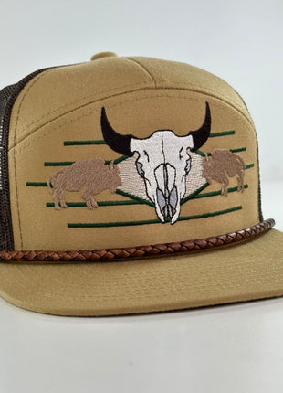 Buffalo & Cow Skull 7 Panel Leather Rope SNAPBACK Mesh Trucker Cap HAT Custom Embroidered