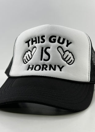 THIS GUY IS HORNY Mesh Black Trucker SnapBack Cap Hat Custom Embroidered ￼