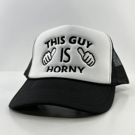 THIS GUY IS HORNY Mesh Black Trucker SnapBack Cap Hat Custom Embroidered ￼