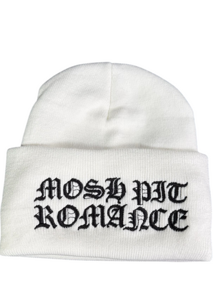 Mosh pit romance, embroidered on a white beanie