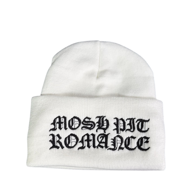 Mosh pit romance, embroidered on a white beanie