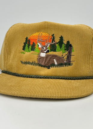 Deer Scene Rope Mustard Cordaroy Snapback Cap Hat Deer Hunting Custom Embroidered