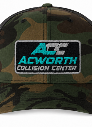 ACC Qty: 12 Custom Embroidered Yupoong 6606 – Woodland Camo – Teal & Silver