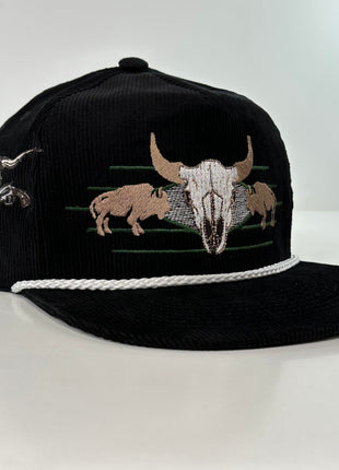 ￼ Buffalo & Cow Skull Rope black corduroy SNAPBACK Cap HAT Custom Embroidered