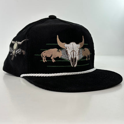 ￼ Buffalo & Cow Skull Rope black corduroy SNAPBACK Cap HAT Custom Embroidered