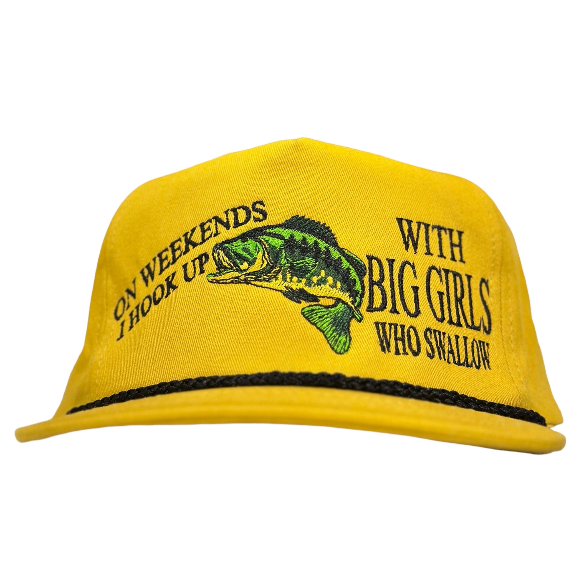 ON WEEKENDS I HOOK UP WITH BIG GIRLS WHO SWALLOW Mustard Rope SnapBack –  Old School Hats