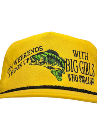ON WEEKENDS I HOOK UP WITH BIG GIRLS WHO SWALLOW Mustard Rope SnapBack Hat Cap Funny Fishing Custom Embroidered