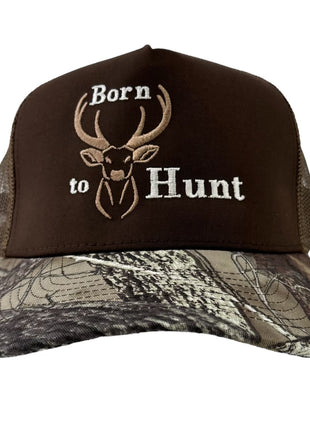 Born to hunt deer hunting on a brown crown mesh camo brim custom embroidery ￼￼