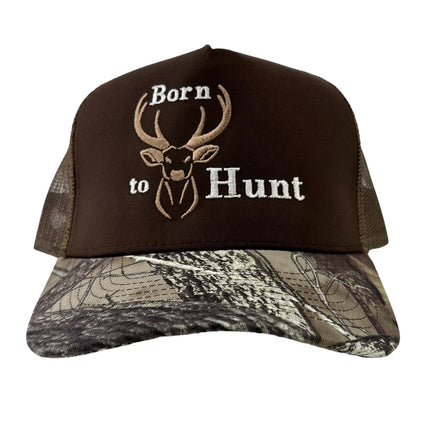 Born to hunt deer hunting on a brown crown mesh camo brim custom embroidery ￼￼