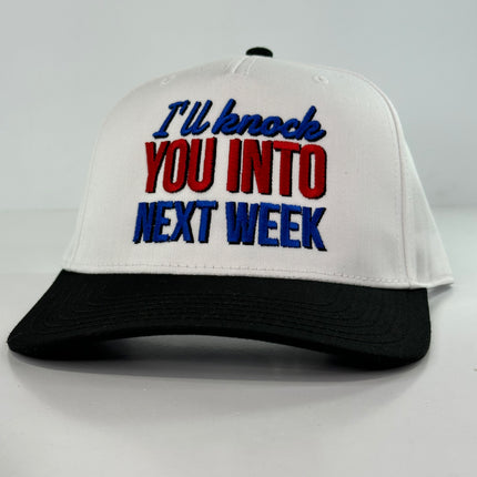 I’ll knock you into next week on a black white Snapback hat cap Collab Justin Stagner Custom Embroidery