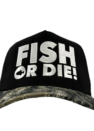FISH OR DIE Black Mesh CAMO Trucker Cap Hat Custom Embroidered