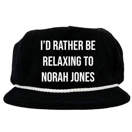 Custom order I’d rather be relaxing to Norah Jones on a black, snapback hat, custom embroidery(same font as steely Dan hat)