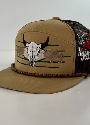 Buffalo & Cow Skull 7 Panel Leather Rope SNAPBACK Mesh Trucker Cap HAT Custom Embroidered