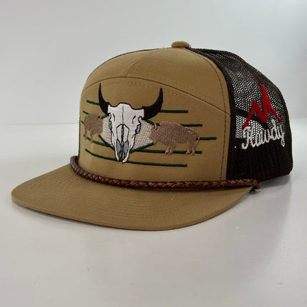 Buffalo & Cow Skull 7 Panel Leather Rope SNAPBACK Mesh Trucker Cap HAT Custom Embroidered