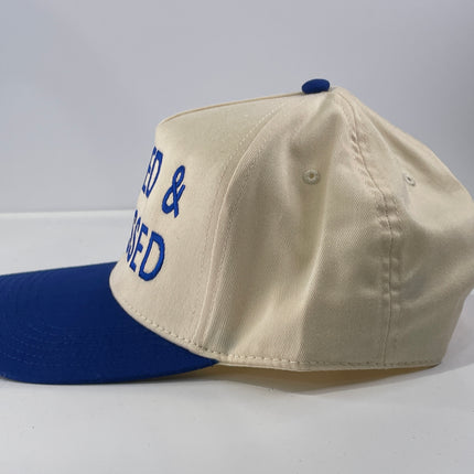 Stressed and depressed, custom embroidered snapback, blue/cream ￼ hat, cap ￼