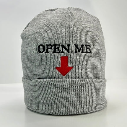 Funny Gray Open Me Beanie Custom Embroidery
