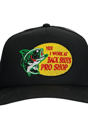 YES I WORK AT BACK SHOTS PRO SHOP Hat Custom Embroidered