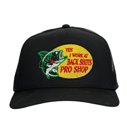 YES I WORK AT BACK SHOTS PRO SHOP Hat Custom Embroidered