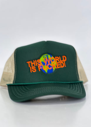 THIS WORLD IS F Mesh Trucker Cap Custom Embroidered ￼