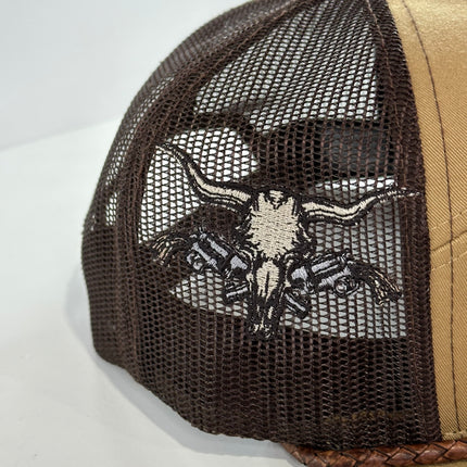 Buffalo & Cow Skull 7 Panel Leather Rope SNAPBACK Mesh Trucker Cap HAT Custom Embroidered