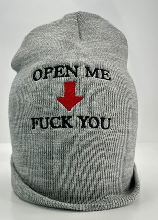 Funny Gray Open Me Beanie Custom Embroidery