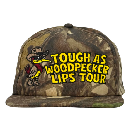 Tough as a woodpecker lips tour camo SnapBack hat Justin Stagner tour merch