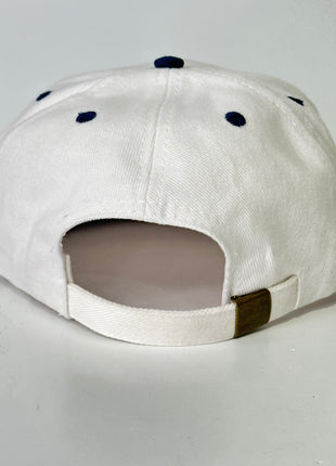 Unfollow on a white and navy Strapback hat cap Custom Embroidery