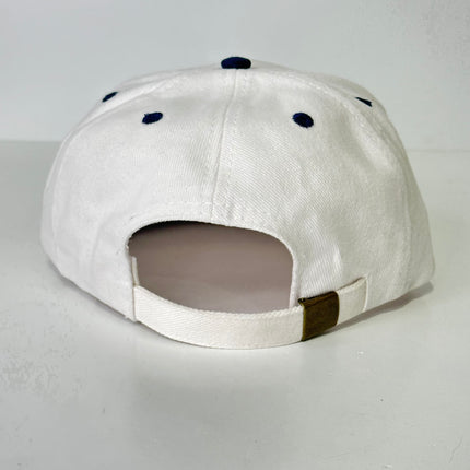 Unfollow on a white and navy Strapback hat cap Custom Embroidery